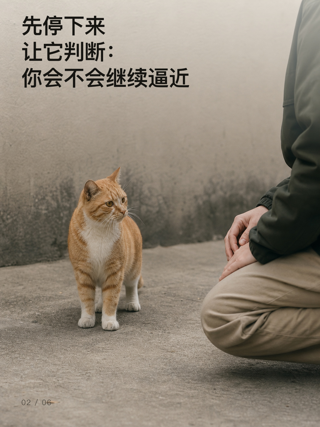 先停下来，让猫判断你会不会继续逼近